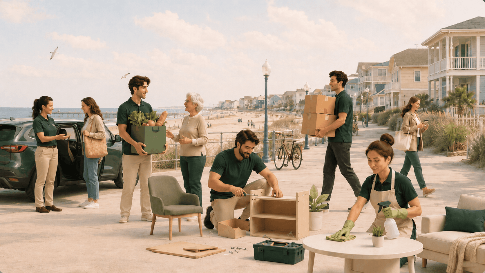 LocalHands helpers assisting neighbours with shopping, moving, cleaning, and rides